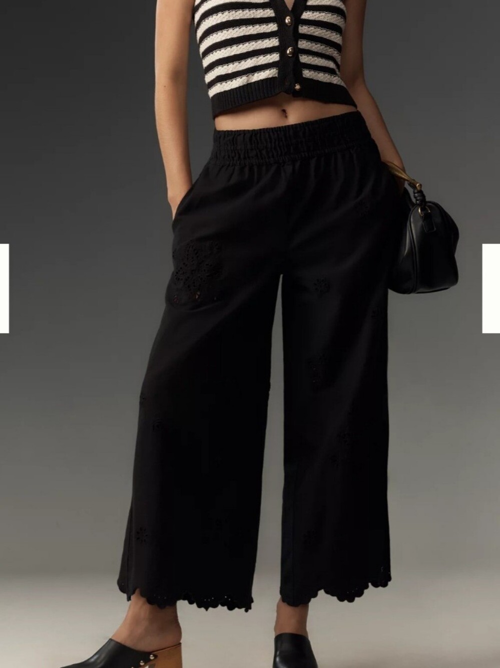 Anthropologie XXS Petite Black Embroidered Wide Leg Culotte Pants